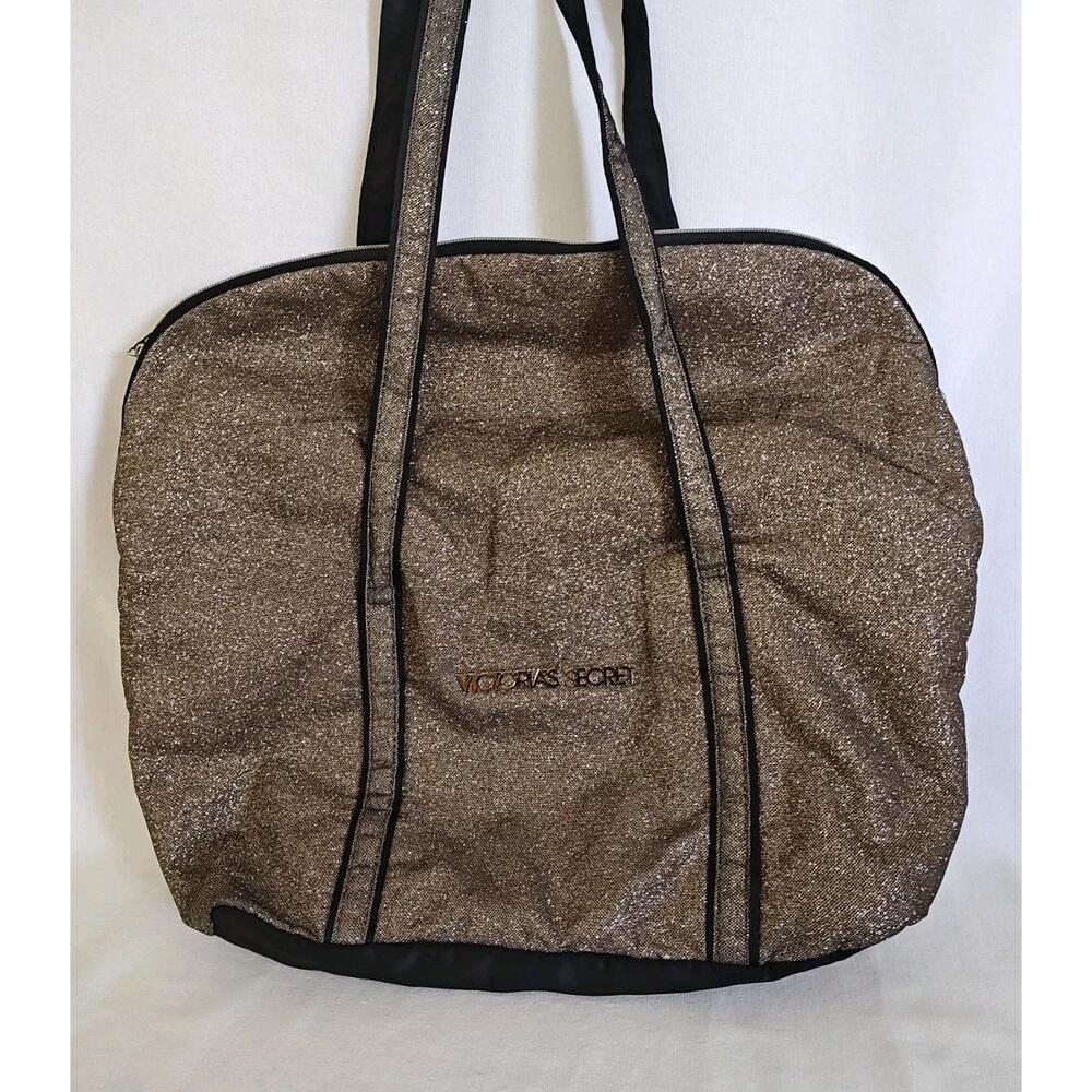 Victoria's Secret Weekender Tote Bag Glitter Black Gold Travel Gym Overnight Bag